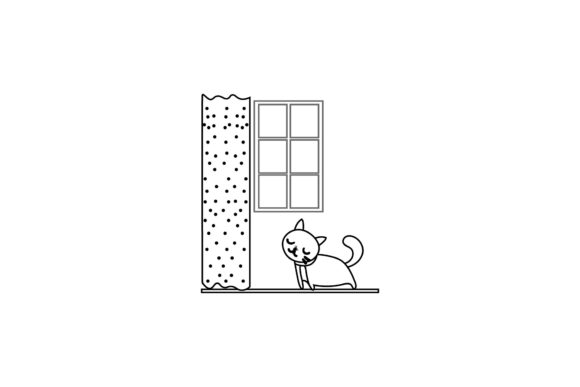 Flat Icon Cat Curtain Coloring Page